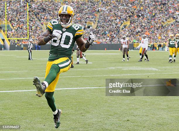 Donald Driver of the Green Bay Packers celebrates after E.J. Biggers of the Tampa Bay Buccaneers is called for pass interference on November 20,2011...