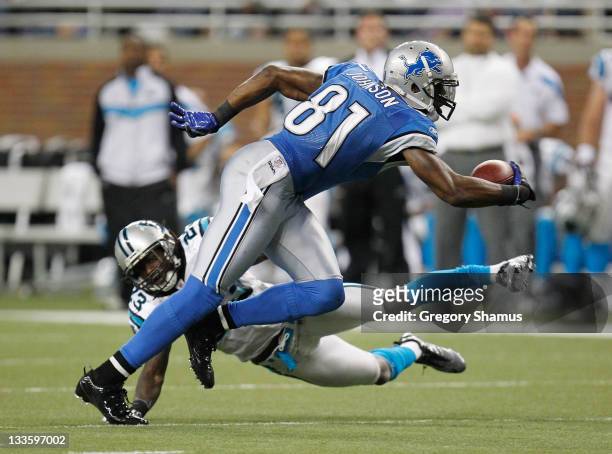 Calvin Johnson of the Detroit Lions tries to get around the tackle of Sherrod Martin of the Carolina Panthers after a fourth quarter catch at Ford...