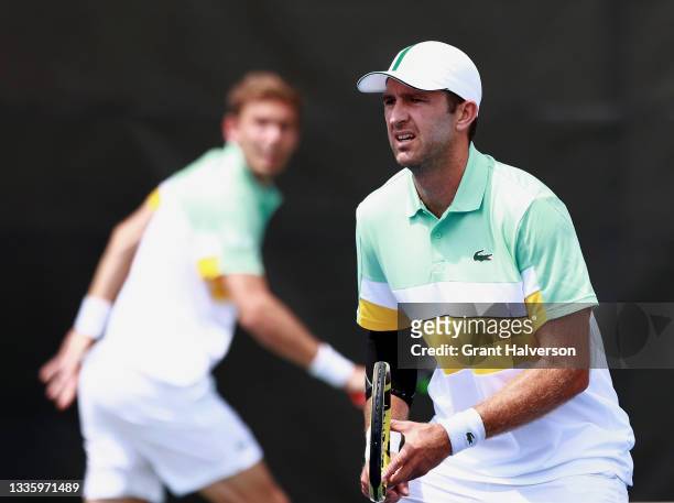 Nicolas Mahut and Fabrice Martin of France play against Tomislav Brkic of Bosnia and Herzegovina and Nikola Cacic of Serbia during the Winston-Salem...