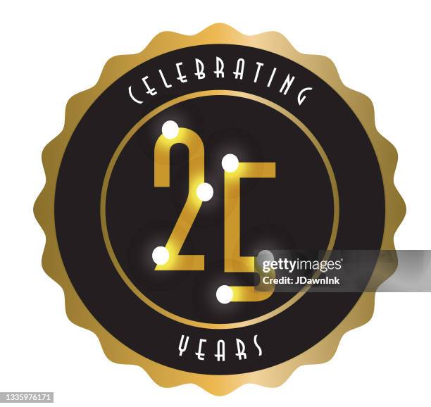 stockillustraties, clipart, cartoons en iconen met retro and vintage 25 year anniversary label design in gold and black colors - 25th anniversary of cedars sinai sports spectacular arrivals