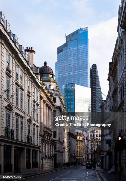 street view of office buildings in the city of london - private equity stock pictures, royalty-free photos & images