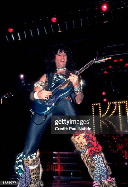 American musician Bruce Kulick of the group Kiss performs at the Mecca Arena, Milwaukee, Wisconsin, December 30, 1984.