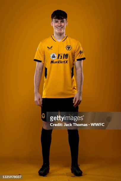 Owen Hesketh of Wolverhampton Wanderers poses for a portrait in the Wolverhampton Wanderers 2021/22 Home Kit at Sir Jack Hayward Training Ground on...