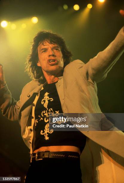 British musician Mick Jagger of the Rolling Stones performs on stage during the band's 'Voodoo Lounge' tour, late 1994.