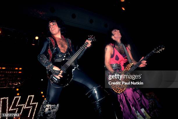 American musicians Gene Simmons and Paul Stanley of the group Kiss performs at the Mecca Arena, Milwaukee, Wisconsin, December 30, 1984.