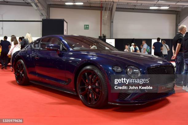 Bentley Continental GT is displayed at the British Motor Show at Farnborough International, Exhibition and Conference Centre on August 19, 2021 in...