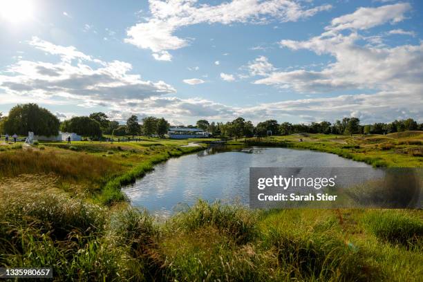 General view of the 16th fairway is seen as Justin Thomas of the United States, Tommy Fleetwood of England and Shane Lowry of Ireland are seen during...