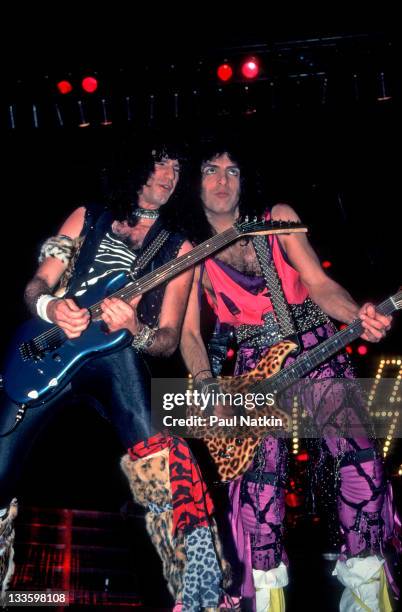 American musicians Bruce Kulick and Paul Stanley of the group Kiss perform at the Mecca Arena, Milwaukee, Wisconsin, December 30, 1984.