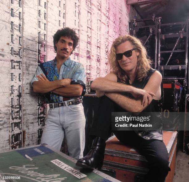 Backstage portrait of American musicians John Oates and Darryl Hall at the Harborfront Pavillion, Baltimore, Maryland, July 20, 1991.