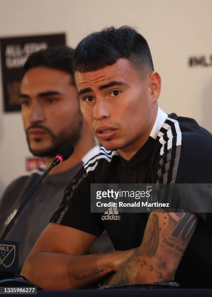 Lucas Zelarayán of Columbus Crew talks with the media during a 2021 MLS All-Star Game press conference at Banc of California Stadium on August 23,...
