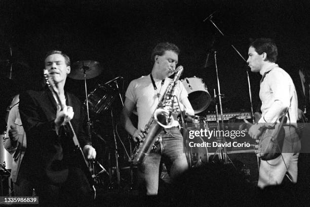 Ali Campbell, Brian Travers and Robin Campbell of UB40 performing at The Rainbow Theatre, London 1980.