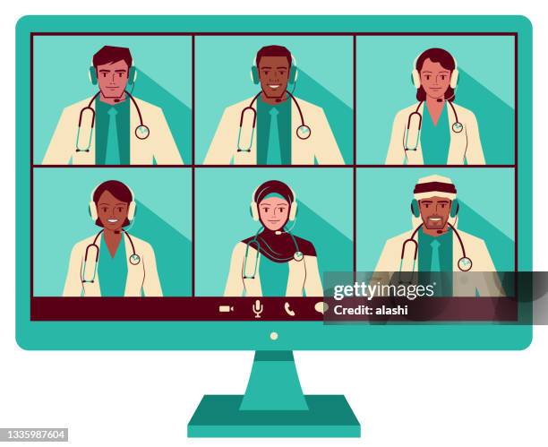 six doctors (multi-ethnic group) attending a video conference - arabic doctor stock illustrations