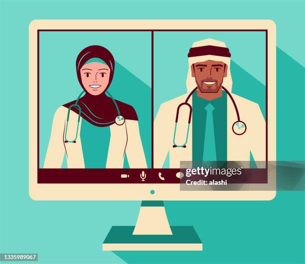 two doctors attending a video conference - saudi arabia people stock illustrations