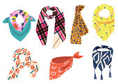 Set of Colorful Scarves Isolated on White Background. Different Kerchiefs, Shawls, Textile Accessories for Cold Weather