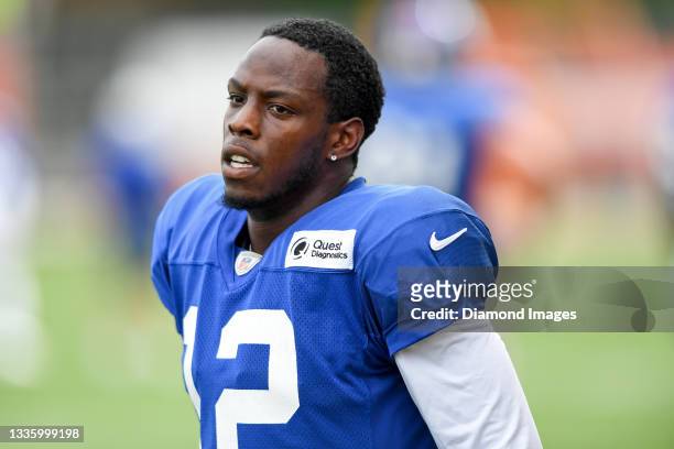 Wide receiver John Ross of the New York Giants looks on during a joint practice with the Cleveland Browns on August 19, 2021 in Berea, Ohio.