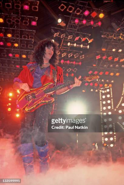 American musician Bruce Kulick of the group Kiss performs at the UIC Pavillion, Chicago, Illinois, January 10, 1986.