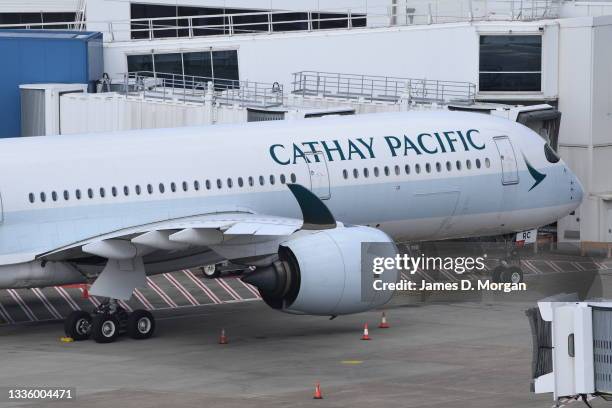 Cathay Pacific Airbus A350 aircraft at Kingsford Smith Airport on August 18, 2021 in Sydney, Australia. Cathay Pacific Airways Ltd., is the flag...