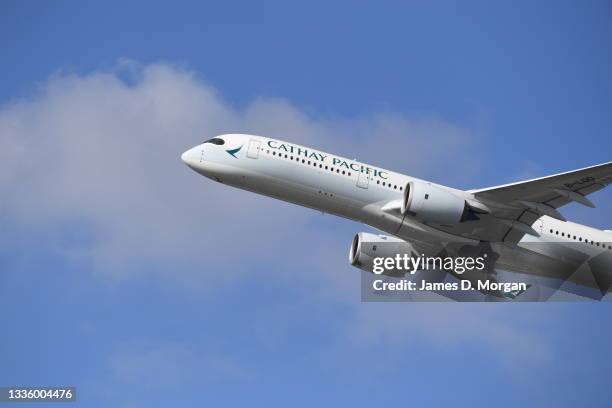 Cathay Pacific Airbus A350 aircraft at Kingsford Smith Airport on August 18, 2021 in Sydney, Australia. Cathay Pacific Airways Ltd., is the flag...