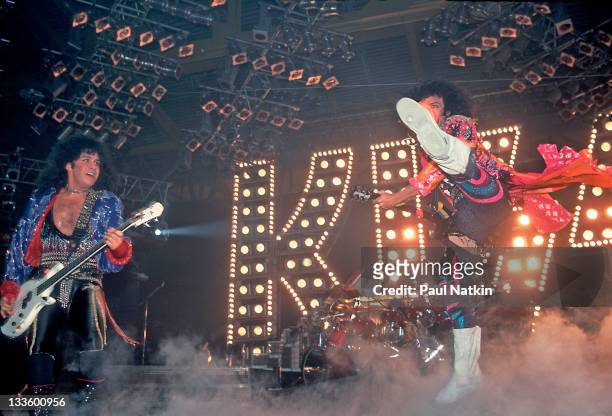 American musicians Gene Simmons and Paul Stanley of the group Kiss perform at the UIC Pavillion, Chicago, Illinois, January 10, 1986.