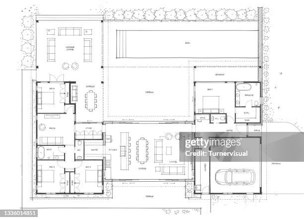 stockillustraties, clipart, cartoons en iconen met modern farm house floor plan sketch - woonhuis