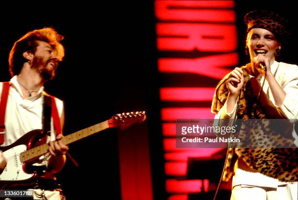 British musicians David A. Stewart and Annie Lennox of the Eurthymics perform at the Auditorium Theater, Chicago, Illinois, April 5, 1984.