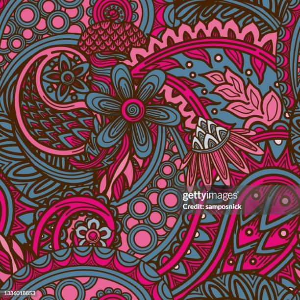 layered 1960s seamless paisley hippie patterned background - paisley pattern stock illustrations
