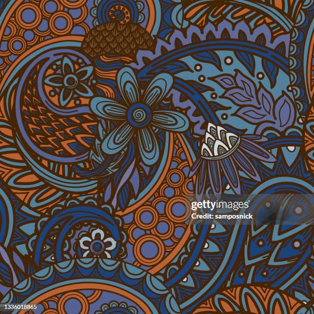 layered 1960s seamless paisley hippie patterned background - hippies 1960s stock illustrations