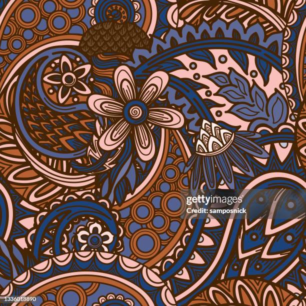 stockillustraties, clipart, cartoons en iconen met layered 1960s seamless paisley hippie patterned background - paisley pattern