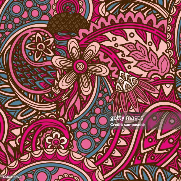 layered 1960s seamless paisley hippie patterned background - paisley pattern stock illustrations
