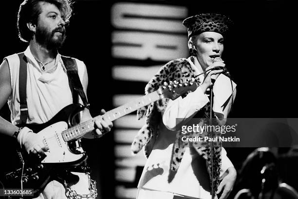 British musicians David A. Stewart and Annie Lennox of the Eurthymics perform at the Auditorium Theater, Chicago, Illinois, April 5, 1984.