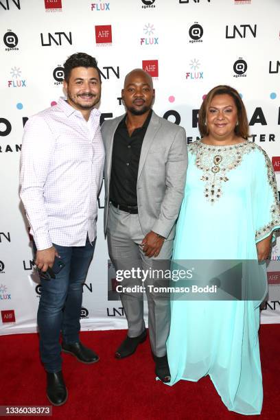 Max Alvarez, Brian Michael Smith and Queen Victoria Ortega attend AHF/FLUX's announcement of The Connie Norman Transgender Empowerment Center at Nobu...