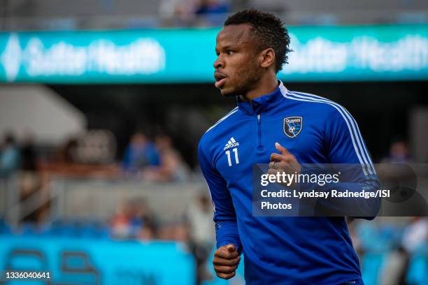 Jeremy Ebobisse of the San Jose Earthquakes warms up before a game between San Jose Earthquakes and Vancouver Whitecaps at PayPal Park on August 13,...