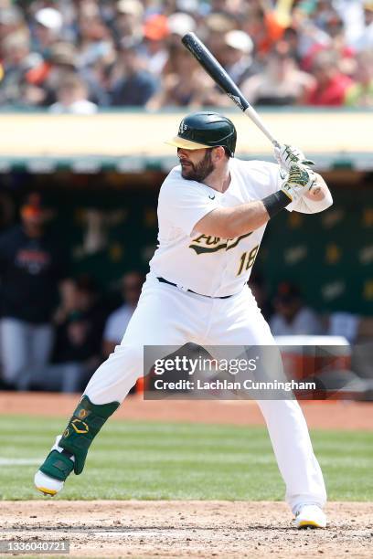 Mitch Moreland of the Oakland Athletics at bat against the San Francisco Giants at RingCentral Coliseum on August 21, 2021 in Oakland, California.