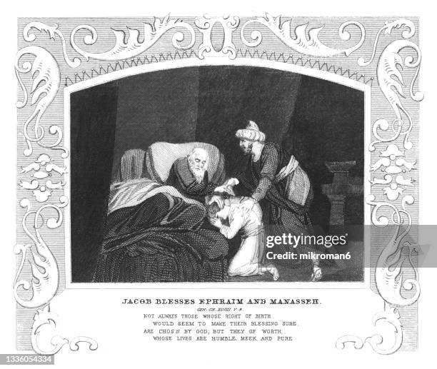 old engraved illustration of jacob blesses ephraim and manasseh - jacob stock-fotos und bilder