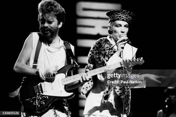 British musicians David A. Stewart and Annie Lennox of the Eurthymics perform at the Auditorium Theater, Chicago, Illinois, April 5, 1984.