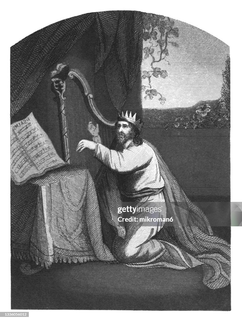 Old engraved illustration of David praises God