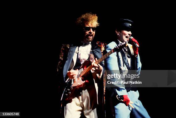 British musicians David A. Stewart and Annie Lennox of the Eurthymics perform at the Poplar Creek Music Theater in Hoffman Estates, Chicago,...