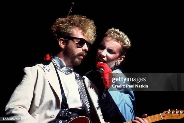 British musicians David A. Stewart and Annie Lennox of the Eurthymics perform at the Poplar Creek Music Theater in Hoffman Estates, Chicago,...