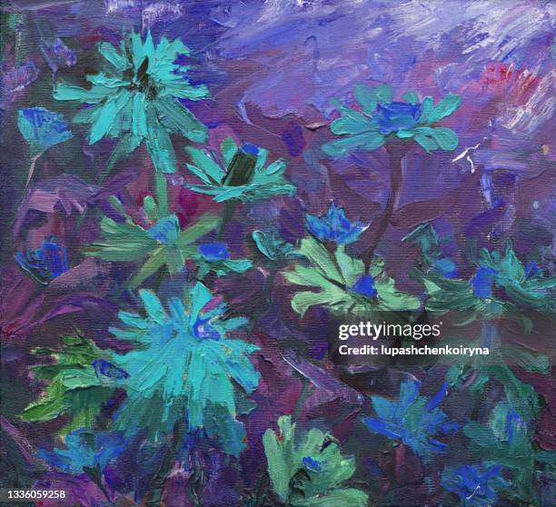 illustration oil painting night landscape flowers zinnia graceful on a bed of plants among other flower buds of leaf stalks - elegans stock illustrations