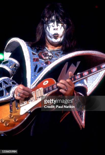 American musician Ace Frehley of the group Kiss performs at the International Ampitheater, Chicago, Illinois, September 22, 1979.