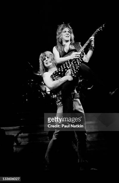 British musician Ozzy Osbourne and American musician Randy Rhodes perform at the Rosemont Horizon, Rosemont, Illinois, January 24, 1982.