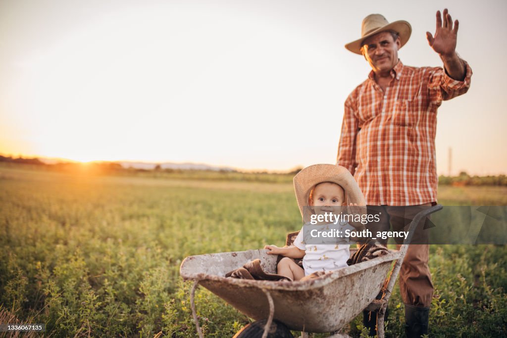 Senior farmer and grandson having fun