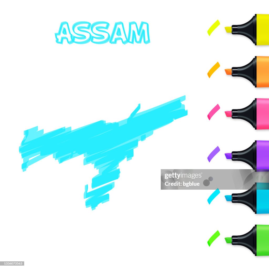 Assam Map Hand Drawn With Blue Highlighter On White Background High-Res ...