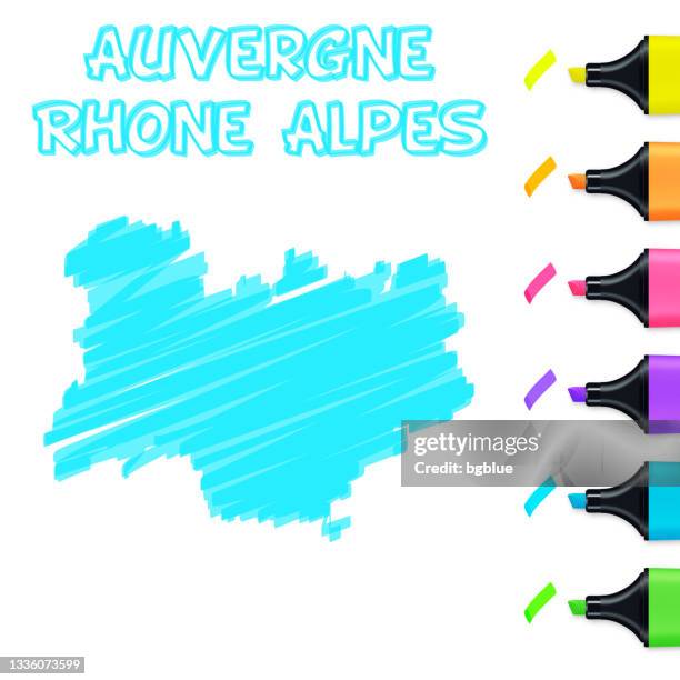 auvergne rhone alpes map hand drawn with blue highlighter on white background - lyon stock illustrations