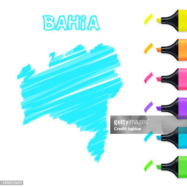 bahia map hand drawn with blue highlighter on white background - bahia stock illustrations
