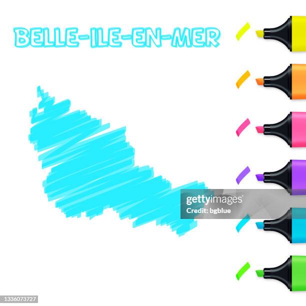 belle-ile-en-mer karte handgezeichnet mit blauem textmarker auf weißem hintergrund - en papier stock-grafiken, -clipart, -cartoons und -symbole