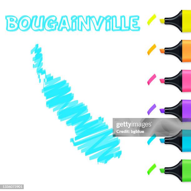 stockillustraties, clipart, cartoons en iconen met bougainville map hand drawn with blue highlighter on white background - bougainville