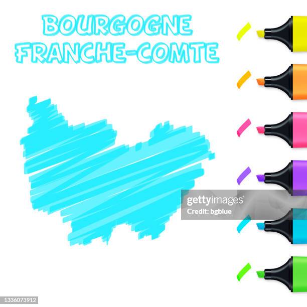 bourgogne-franche-comte map hand drawn with blue highlighter on white background - dijon stock illustrations