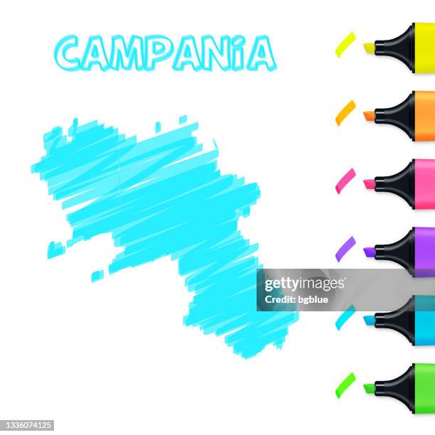 campania map hand drawn with blue highlighter on white background - campania stock illustrations