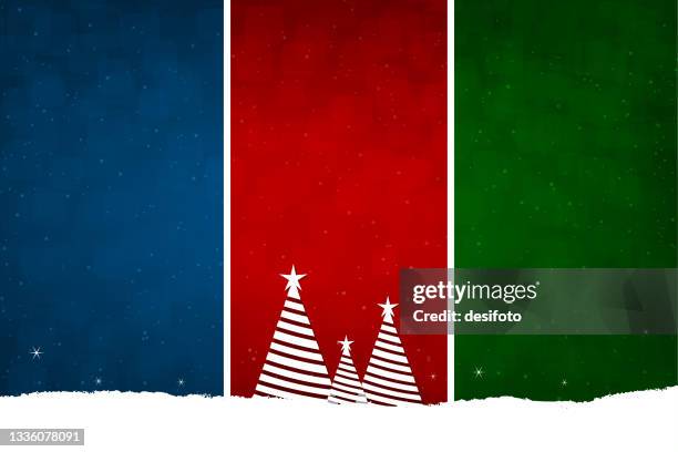 horizontal vector illustration of a partitioned or divided backgrounds with three partitions, blue, red and green in contrasting colours with striped trees with stars in the red one and snow at the bottom - screen partition stock illustrations